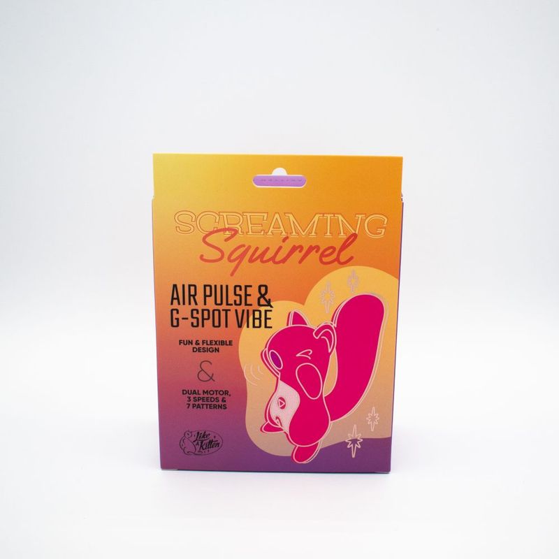 Screaming Squirrel Air Pulse & G-Spot Vibrator packaging showcasing fun design and features of the air pulse G-spot vibrator.