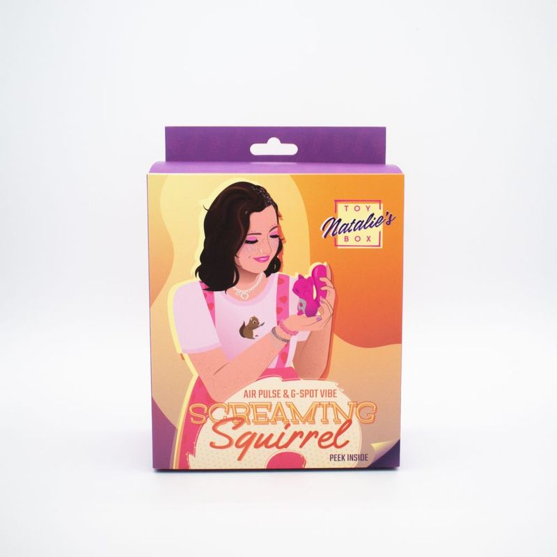 Screaming Squirrel air pulse G-spot vibrator packaging featuring a woman holding the toy.