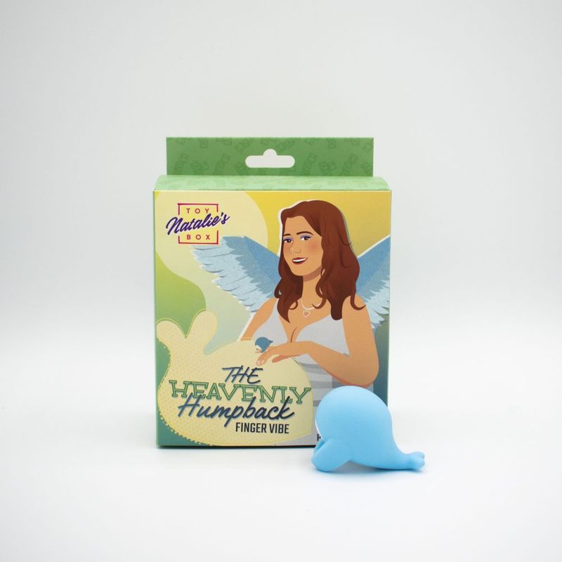 The Heavenly Humpback Finger Bullet Vibrator with packaging featuring a woman with angel wings and a cute whale design.