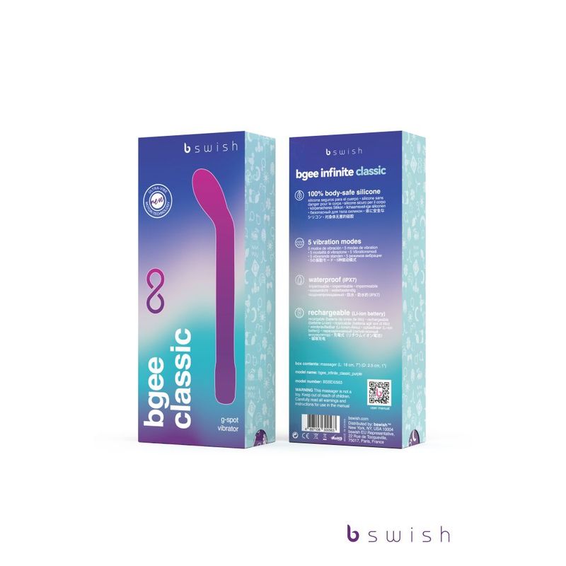 Bgee Infinite Classic waterproof rechargeable silicone massager packaging showing body-safe design and features.