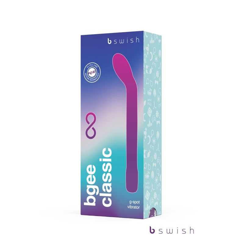 Bgee Infinite Classic purple packaging, showcasing a waterproof rechargeable silicone massager for sensual pleasure.