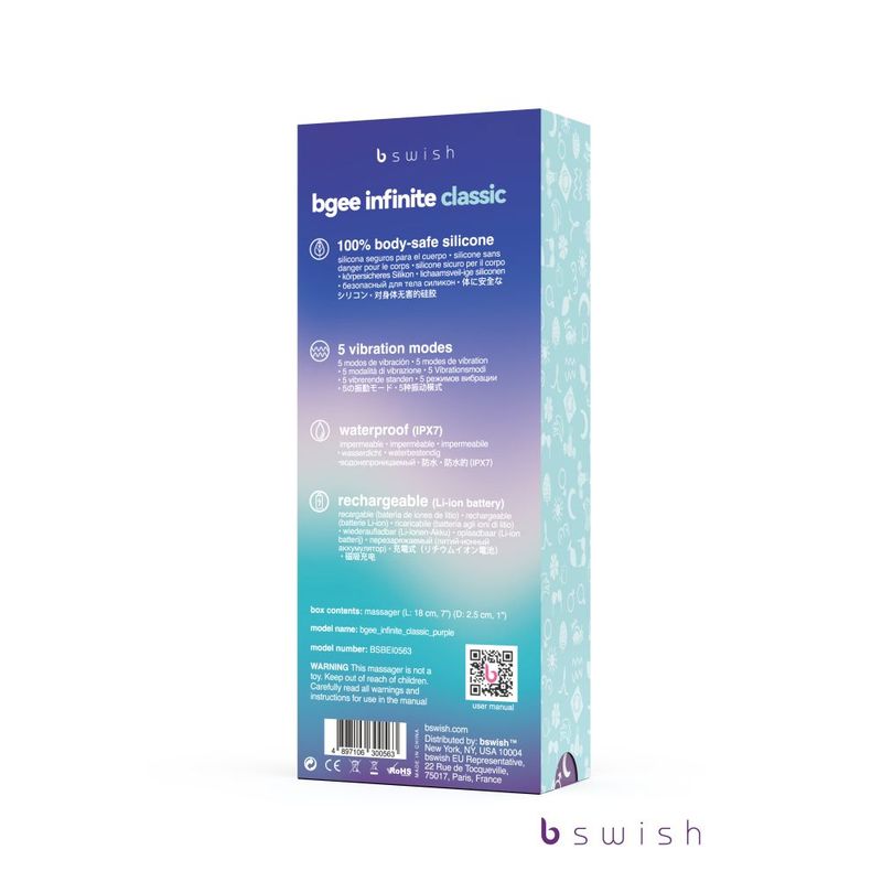 Bgee Infinite Classic Purple packaging featuring 100% body-safe silicone, 5 vibration modes, waterproof and rechargeable features.