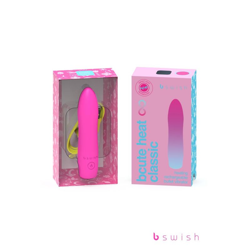 Bcute Infinite Heat Classic Sunset Pink heated bullet vibrator in packaging with vibrant colors and design.