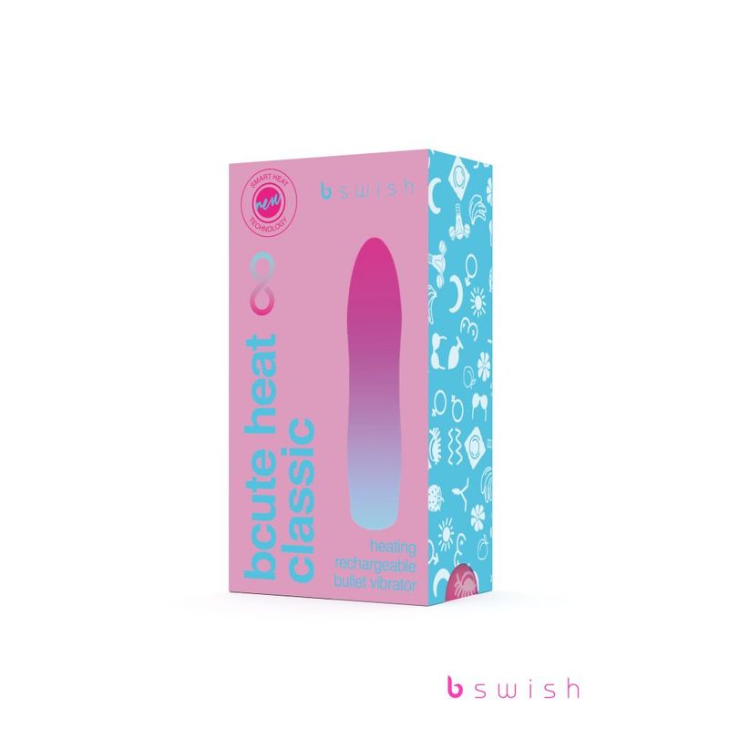 bcute Infinite Heat Classic Sunset Pink packaging for heated bullet vibrator in vibrant pink and light blue design.
