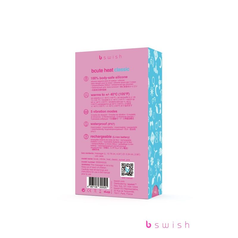 Bcute Infinite Heat Classic Sunset Pink packaging details including silicone quality, temperature settings, and features.