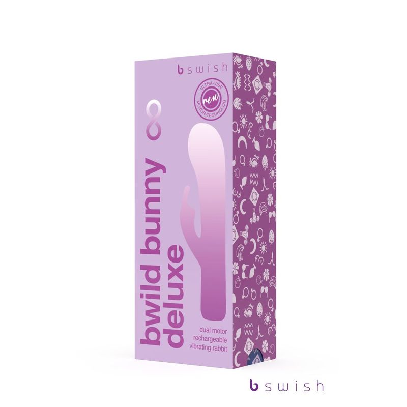 Bwild Bunny Infinite Deluxe dual motor rabbit massager packaging featuring a waterproof design and customizable control.