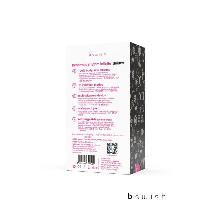 bcharmed rhythm infinite deluxe black intimate massager packaging showcasing features and specifications