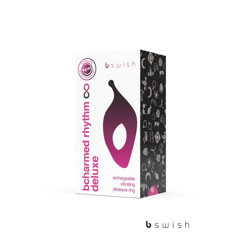 Bcharmed Rhythm Infinite Deluxe Black packaging featuring a rechargeable vibrating pleasure ring for intimate essentials.