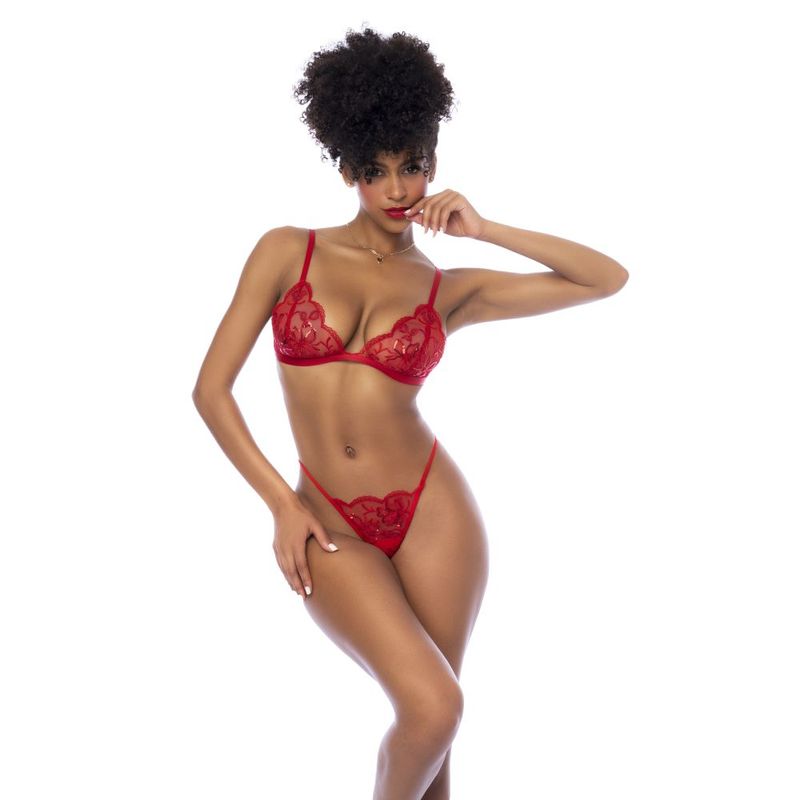 Red 3 Pc Set w/ Bralette, Garter Belt and Thong displayed on a model in vibrant red sequin embroidered mesh.