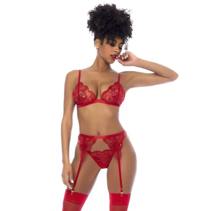 Red 3 Pc Set w/ Bralette, Garter Belt and Thong Mapale Discreet Intimate Essentials.