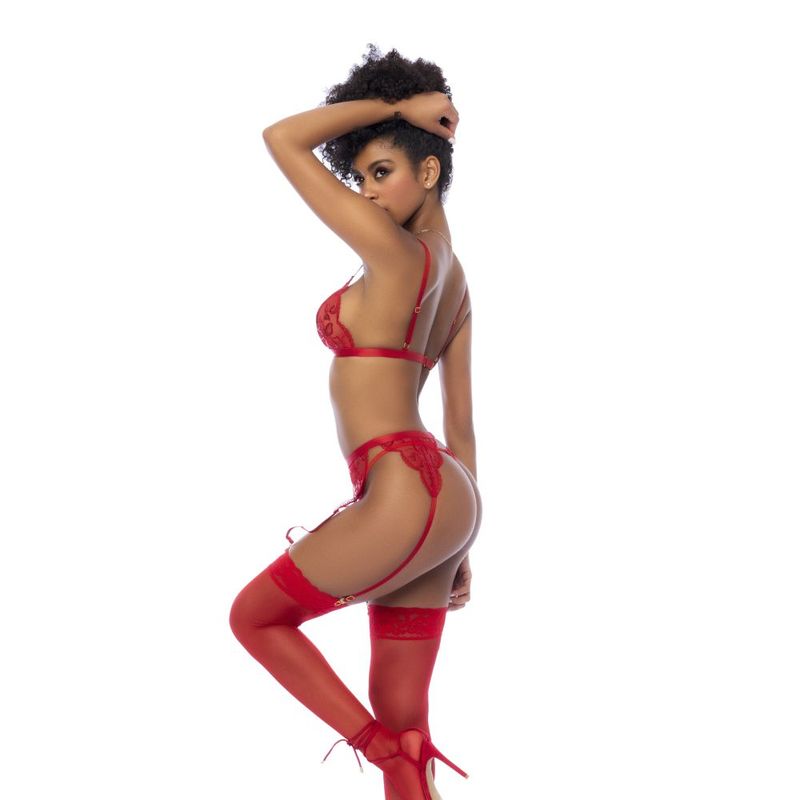 Red lingerie set with bralette and garter belt showcased on model with floral details and adjustable straps.