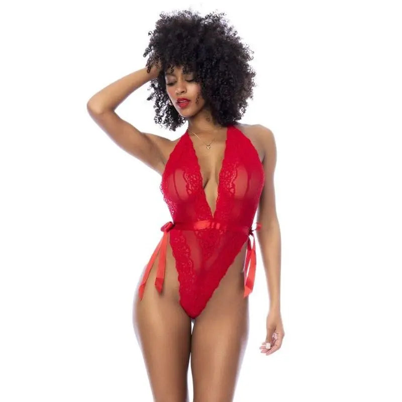 Red Lace Bodysuit with Side Ties Mapale Discreet Intimate Essentials.
