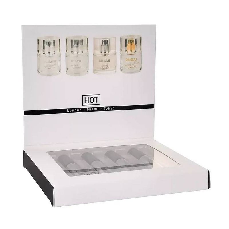 HOT pheromone perfume box for women featuring London, Tokyo, Miami, and Dubai scents in a stylish package.