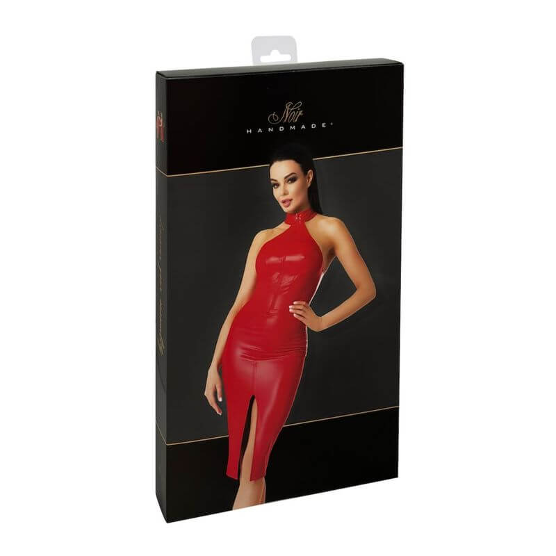 Red midi dress in packaging featuring a model wearing the stylish Orgia midi dress with a slit