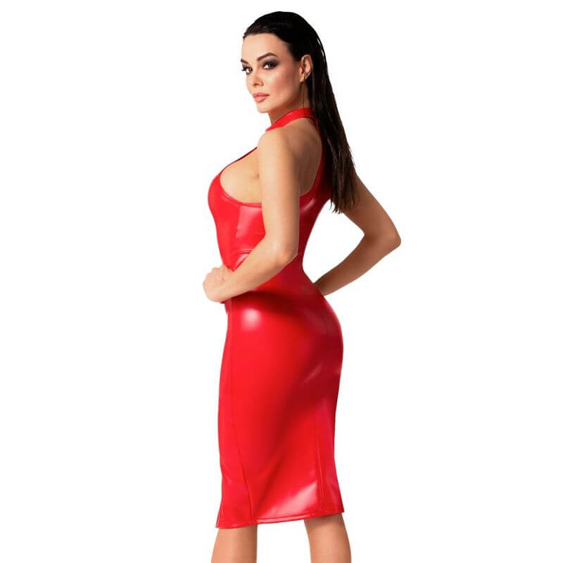 Orgia Midi Dress Red showcased in a model, highlighting its stretchy Power Wetlook fabric and sleek design.