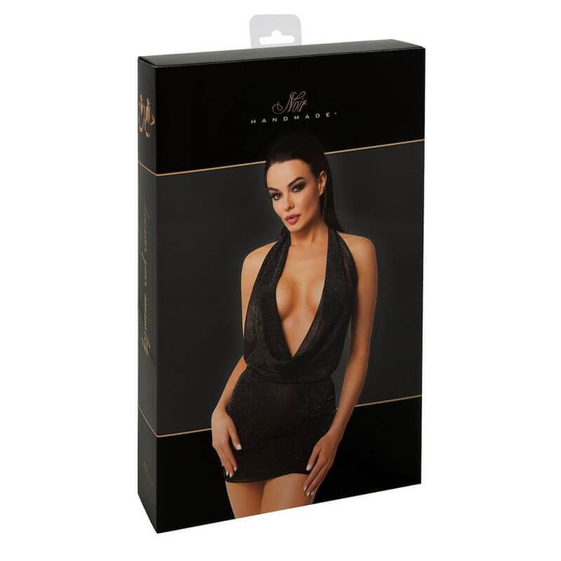 Luminara Mini Dress packaging featuring a model wearing a shimmering mini dress with a plunging neckline.
