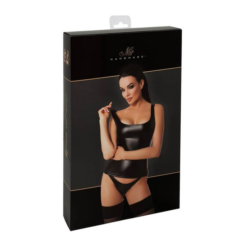 Elixir Top packaging featuring a model wearing a stretchy wetlook tank top, showcasing its sleek design and edgy style.
