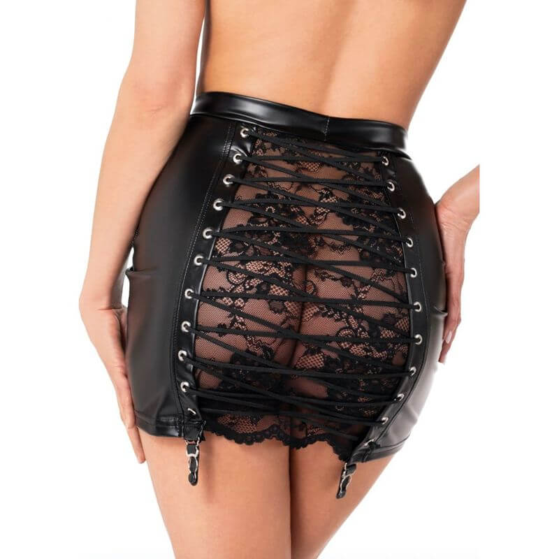 Corset Mini Skirt featuring a black stretchy power wetlook front and intricate lace-up detailing on the back.