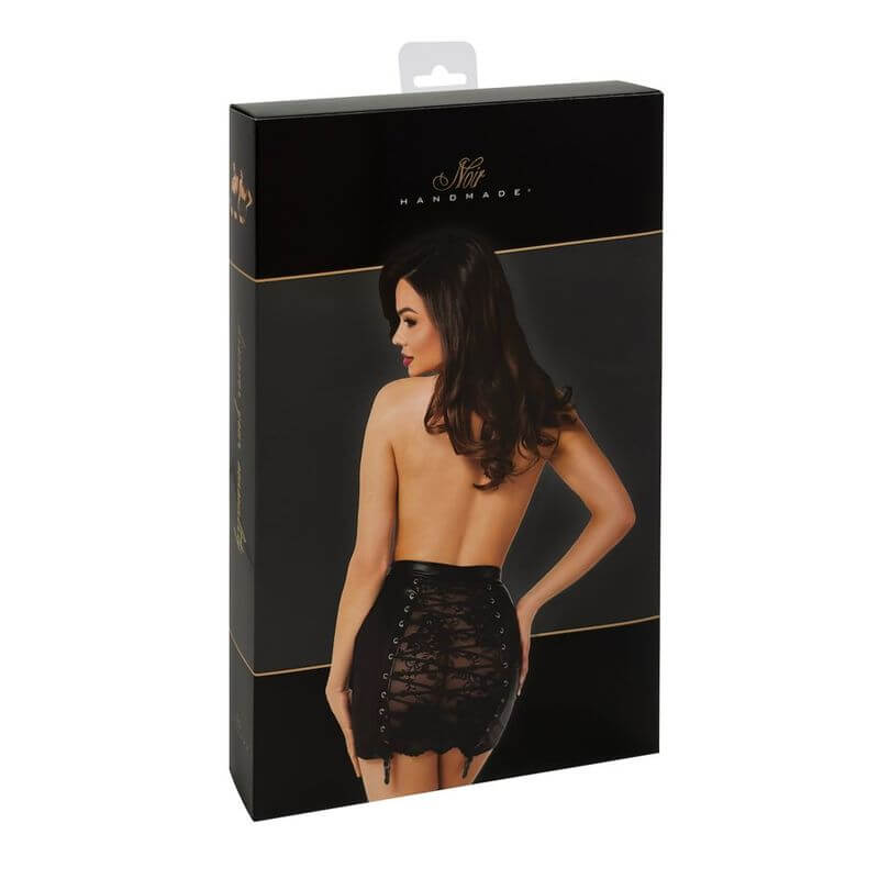 Corset Mini Skirt in a stylish black packaging showcasing a model wearing a figure-hugging lace-up skirt.