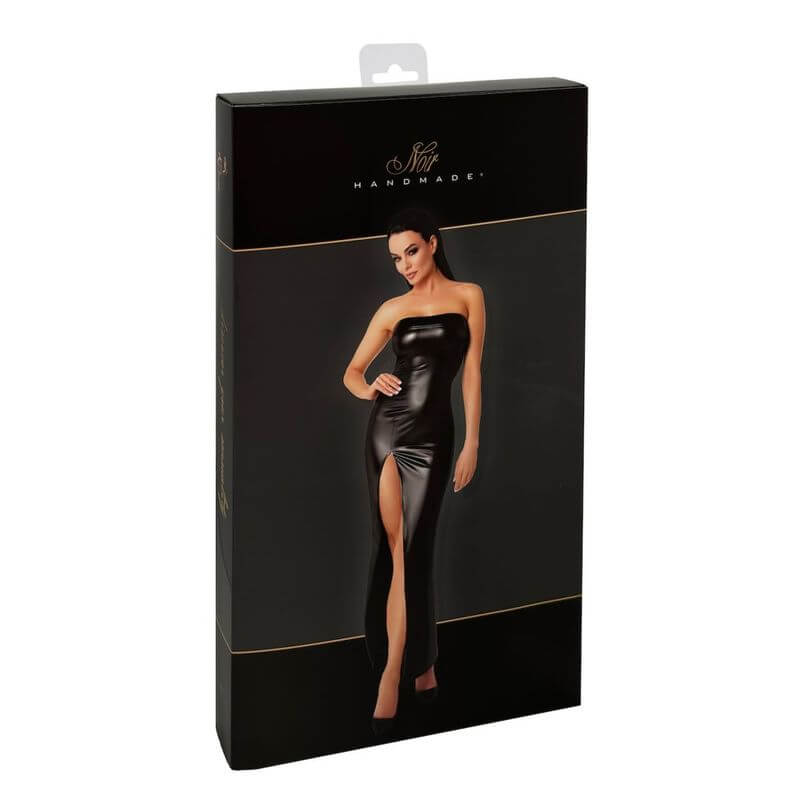 Aphrodisia Long Dress in sleek black packaging showcasing a model wearing a strapless gown with a high slit.
