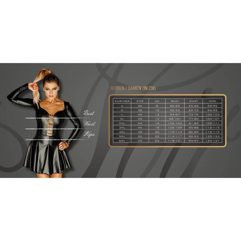 Size chart for high-waisted wetlook panties, featuring measurements for bust, waist, and hips for women's sizing.