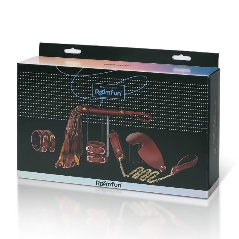 8 Pc Deluxe Bondage Play Kit Burgundy Gold packaging showcasing exquisite BDSM set with faux leather and gold accents.