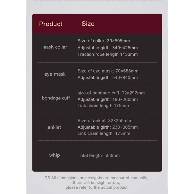 Product size chart for the 8 Pc Deluxe Bondage Play Kit Burgundy Gold, detailing measurements for leash collar, eye mask, bondage cuff, anklet, and whip.