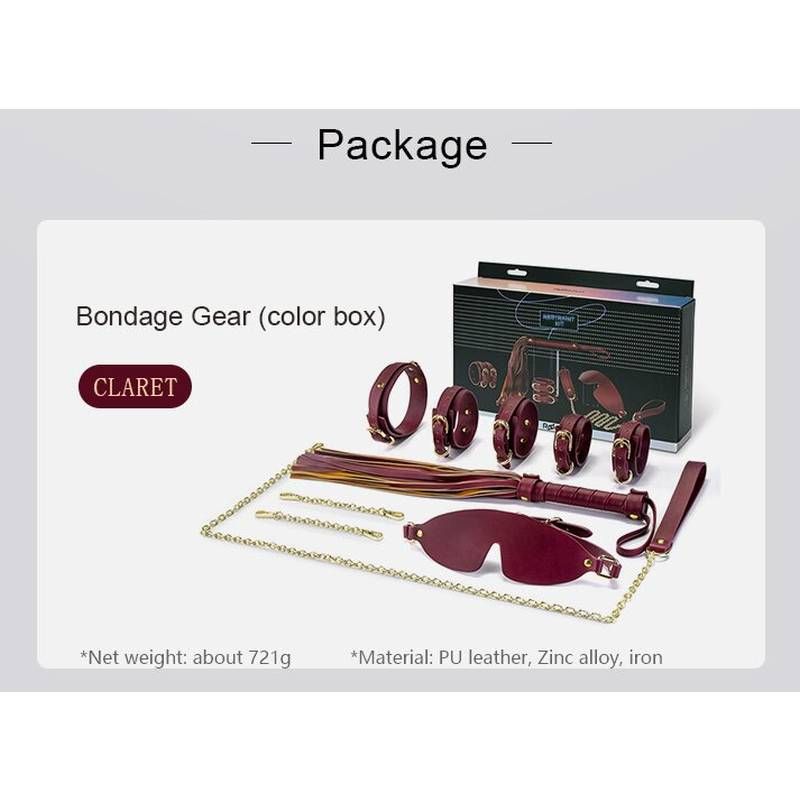 8 Pc Deluxe Bondage Play Kit Burgundy Gold including cuffs, flogger, and chain, perfect for intimate essentials for her.