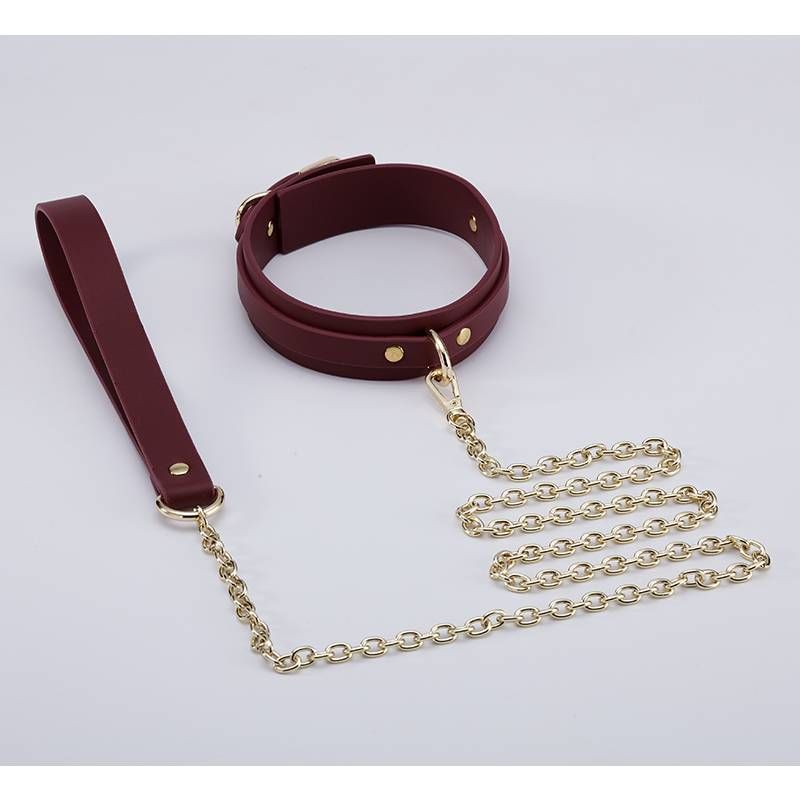 8 Pc Deluxe Bondage Play Kit Burgundy Gold featuring a burgundy collar and gold chain leash for intimate essentials.
