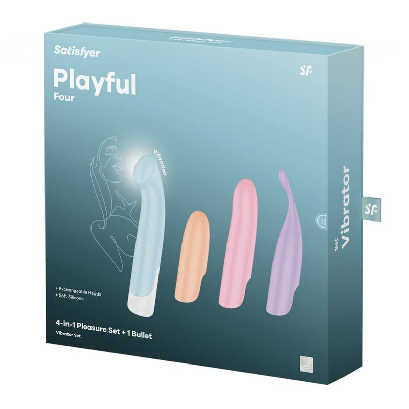 Satisfyer Playful Four packaging featuring interchangeable vibrators for clitoral and G-spot stimulation.