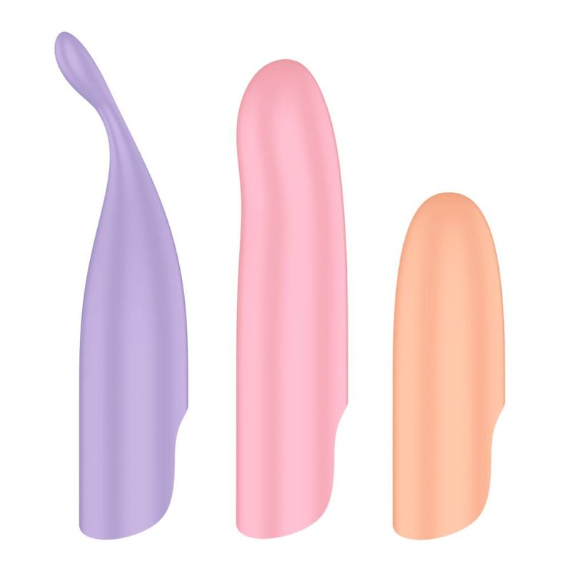 interchangeable vibrators for clitoral and G-spot stimulation in purple, pink, and peach colors.