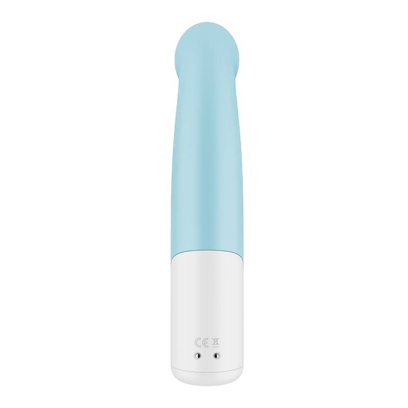 Satisfyer Playful Four, a toy featuring interchangeable vibrators for clitoral and G-spot stimulation in soft blue color.