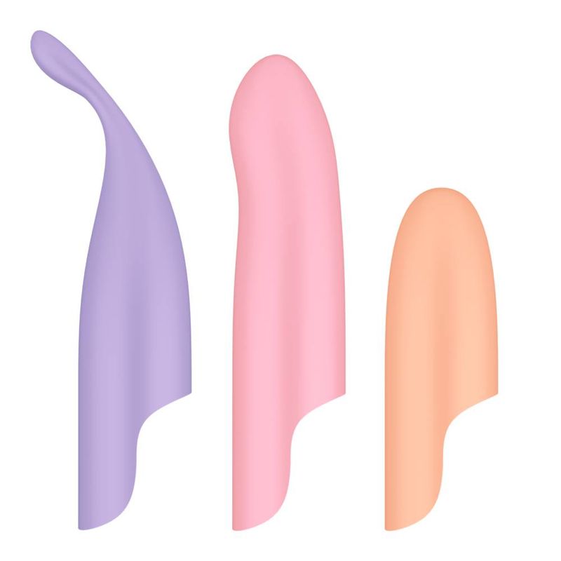 Three interchangeable sleeves for Satisfyer Playful Four vibrators in purple, pink, and peach colors for intimate essentials.