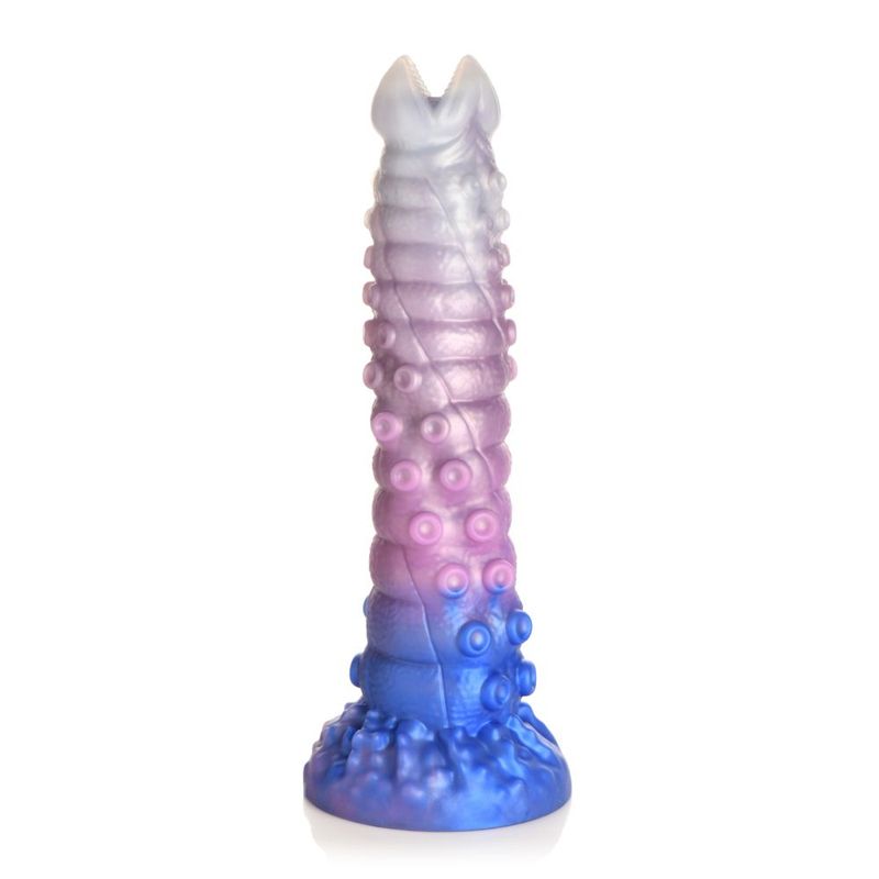 Tenta-Queen ovipositor silicone dildo showcasing a ribbed, tentacle design in blue, pink, and pearly white with suckers.
