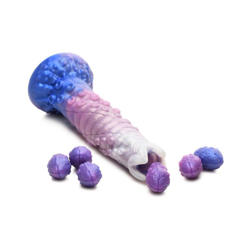 Tenta-Queen ovipositor silicone dildo with eggs showcasing colorful design and ribbed tentacle shaft.
