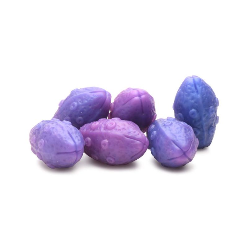 Tenta-Queen ovipositor silicone dildo eggs in shades of purple and blue, featuring a textured design.