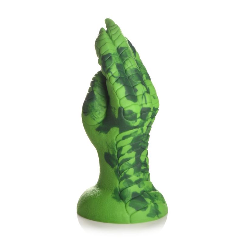 Raptor claw dildo displayed upright, featuring green color, scales, and claws, ideal for adventurous pleasure.