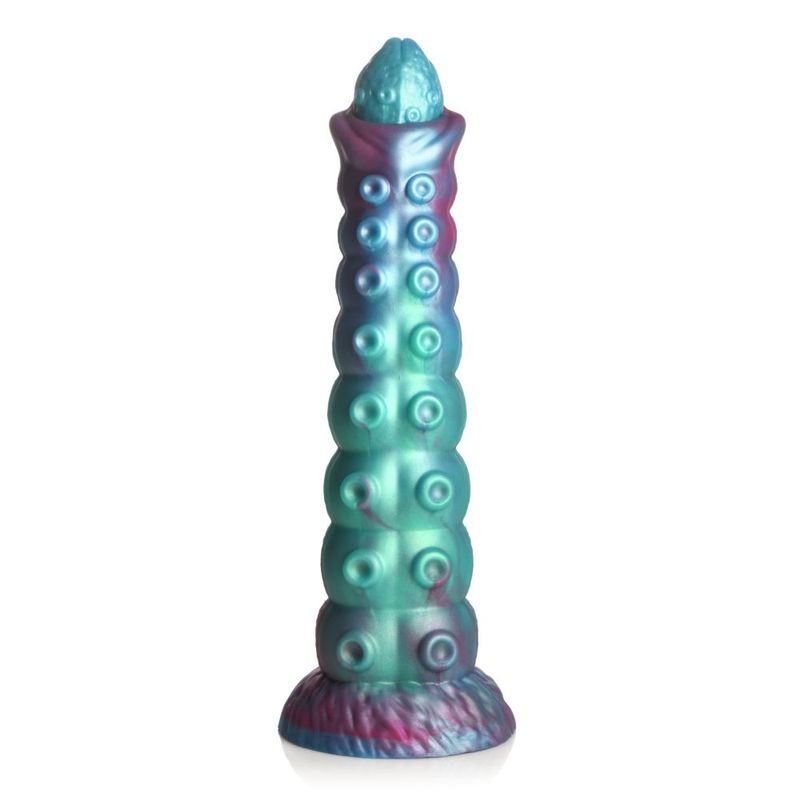 Galactic Breeder Ovipositor Silicone Dildo in teal-red-blue colors with textured bumps and open-mouth tip.