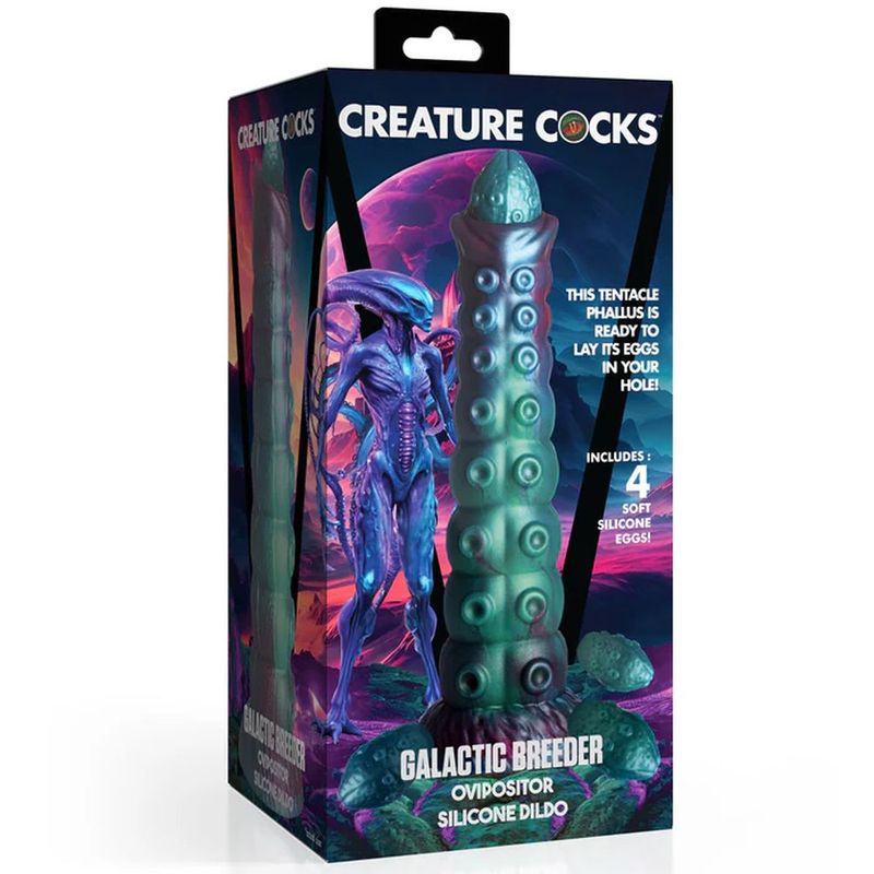 Galactic Breeder Ovipositor Silicone Dildo packaging featuring iridescent colors and alien design.