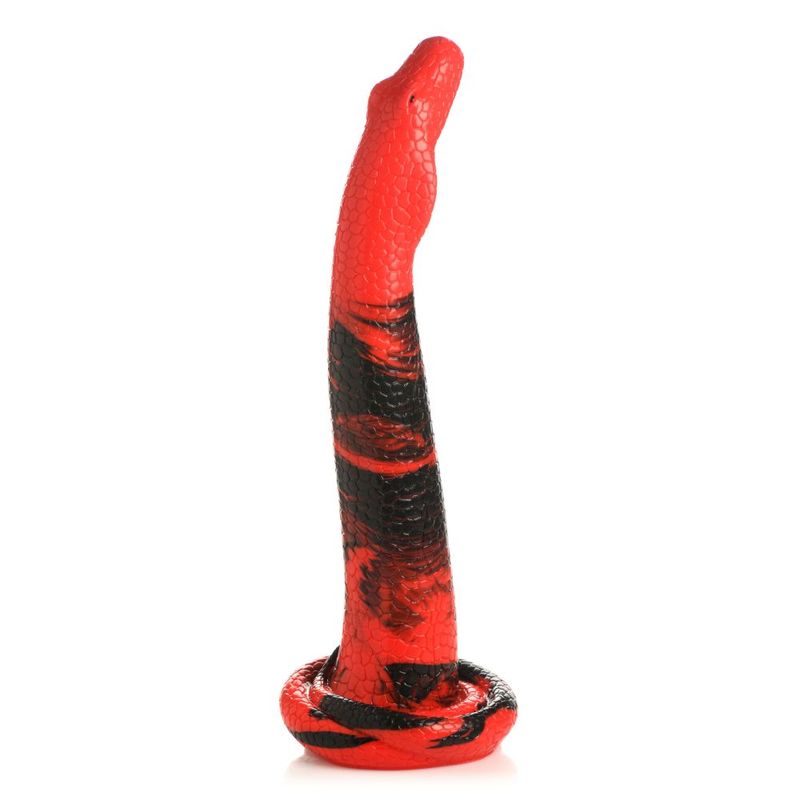 Large silicone cobra dildo in red and black, featuring a textured design and tapered head for intense sensations.