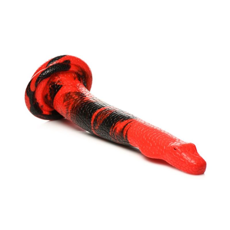 Large silicone cobra dildo with textured design in red and black, 14 inches long, tapered tip.