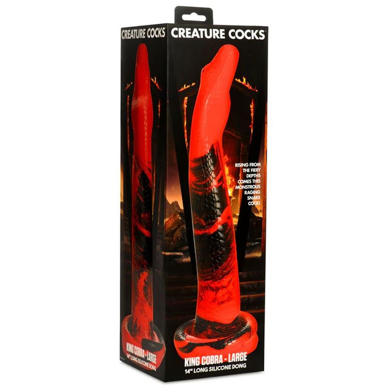Creature Cocks Large King Cobra 14 in Long Silicone Dong packaging showing vivid colors and realistic details.