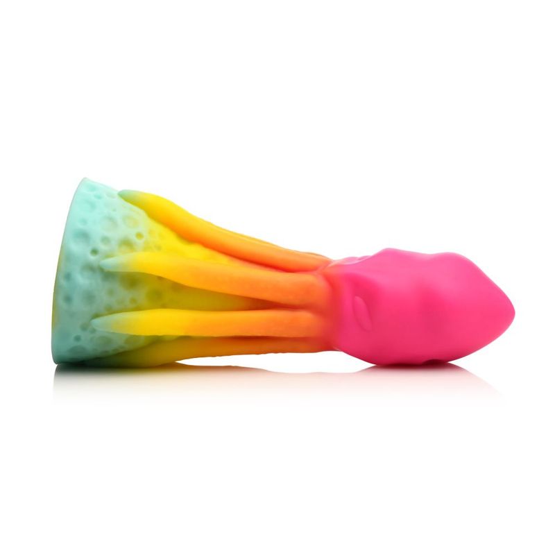 Colorful Kraken silicone dildo with bulbous head and textured legs for enhanced pleasure.