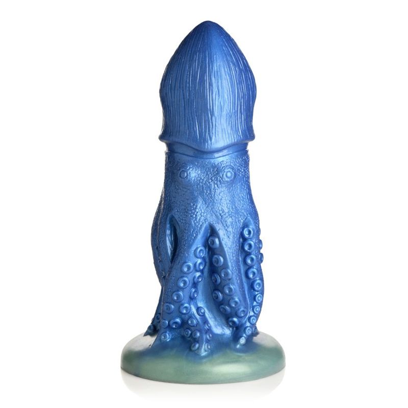 octopus silicone dildo with textured tentacles and tapered head in iridescent blue color