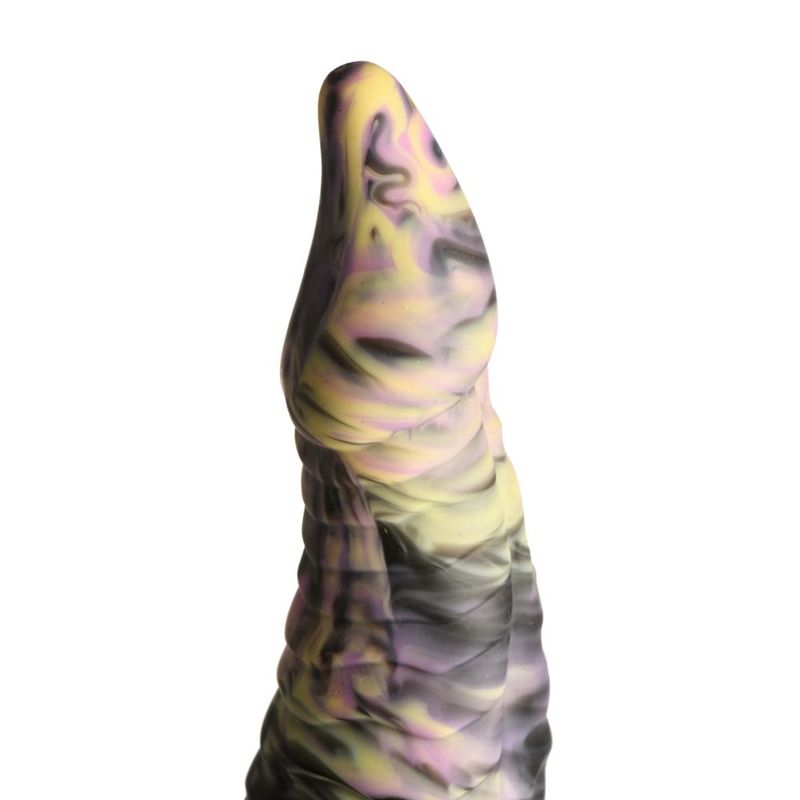 Close-up of Creature Cocks Cyclops Monster Silicone Dildo with textured shaft and tapered head in vibrant colors.