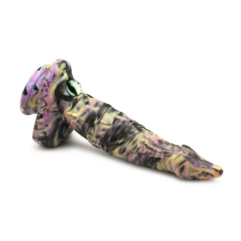 Creature Cocks Cyclops Monster Silicone Dildo showcasing colorful, textured design and unique serpentine shape.
