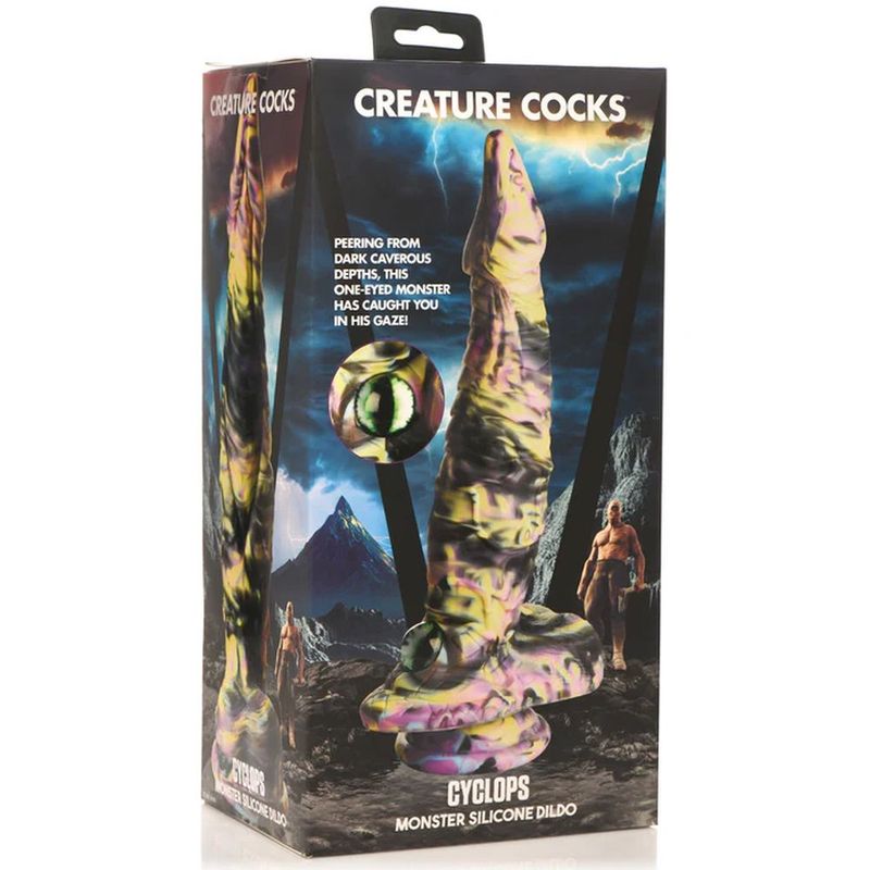 Creature Cocks Cyclops Monster Silicone Dildo packaging featuring a tapered, textured shaft and mythical artwork.