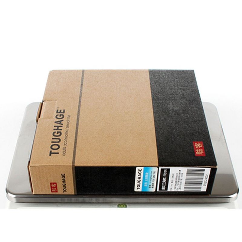 Toughage product packaging box displayed on a digital scale, showcasing its dimensions and design.