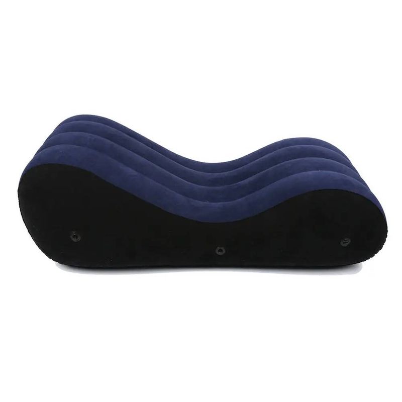 Large inflatable sex positioning mattress in blue suede fabric for enhanced comfort and angle during intimacy.