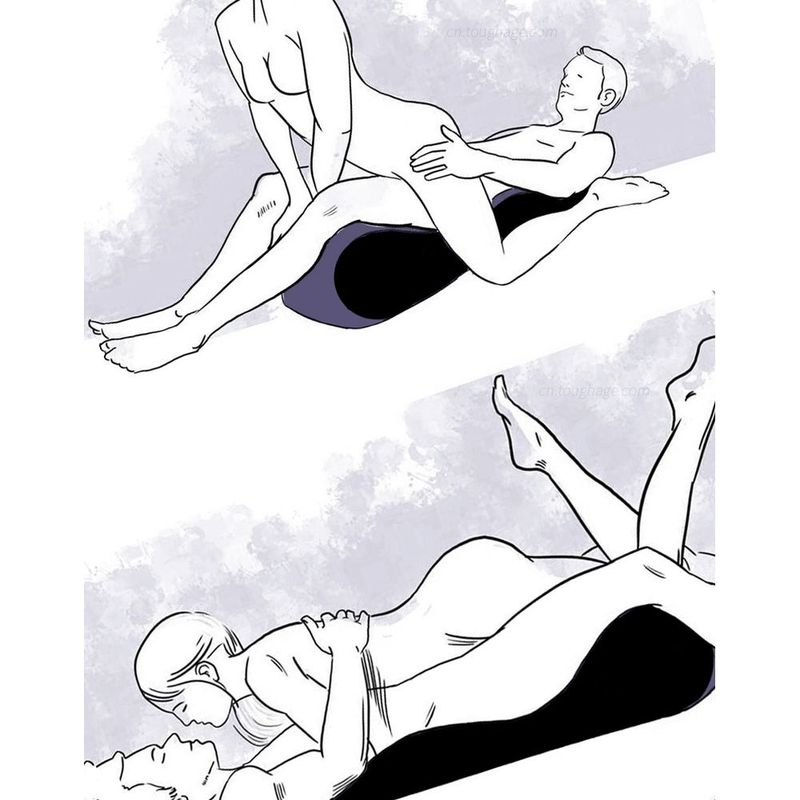Illustration showing two positions on a large inflatable sex positioning mattress for enhanced intimacy.